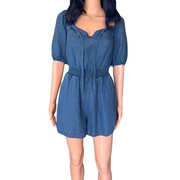 NWT Bella Dahl Blue Puff Sleeve Smocked 100% Linen Romper - Picture 2 of 7